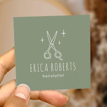 hair stylist minimalist scissor salon sage green square business card