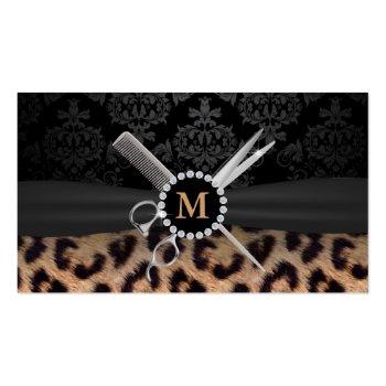 Small Hair Stylist Monogram Modern Leopard Print Business Card Front View