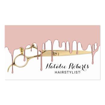 Small Hair Stylist Rose Gold Dripping Gold Scissor Salon Business Card Front View