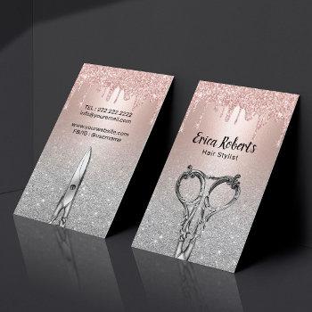 hair stylist rose gold drips silver glitter salon business card