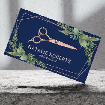 hair stylist rose gold geometric greenery navy business card
