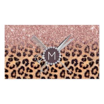 Small Hair Stylist Rose Gold Glitter Leopard Salon Business Card Front View