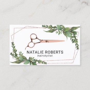 hair stylist rose gold scissor geometric greenery business card