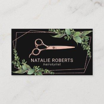 hair stylist rose gold scissor geometric greenery business card