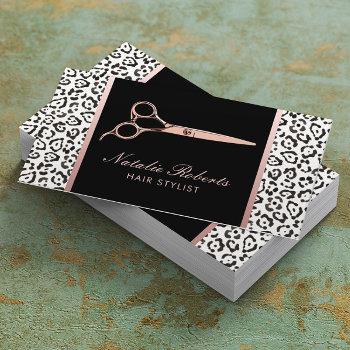 hair stylist rose gold scissor leopard salon business card