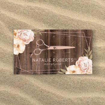 hair stylist rose gold scissor rustic floral business card