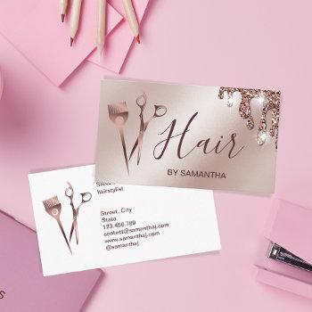 hair stylist rose gold typography hair scissors bu business card