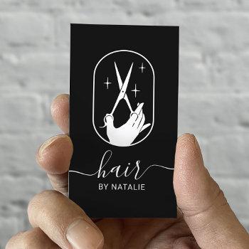 hair stylist scissor & hand logo plain black salon business card