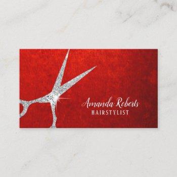 hair stylist silver scissor elegant red velvet business card