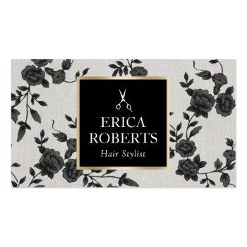 Small Hair Stylist Vintage Black Floral Elegant Salon Business Card Front View