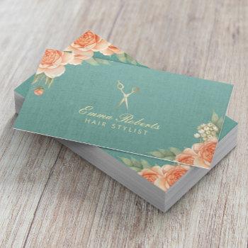 Small Hair Stylist Vintage Floral Elegant Linen Business Card Front View