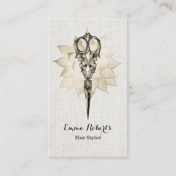 hair stylist vintage scissor floral classy linen business card