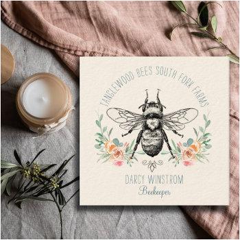 Small Hand Drawn Honey Bee Beekeeper Apiary Floral Square Business Card Front View