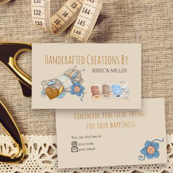 handcrafted creations yarn sewing vintage cream business card