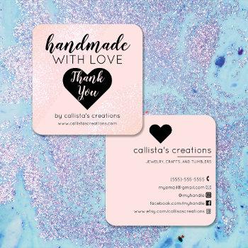 handmade with love blush pink glitter geo heart square business card