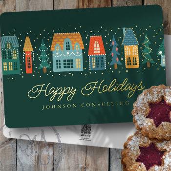 happy holidays modern winter snow village foil holiday card