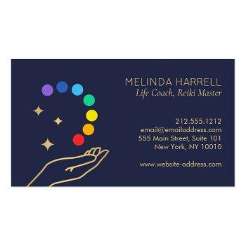 Small Healing Hand Logo Reiki, Massage Therapy Dark Blue Business Card Back View