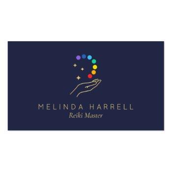 Small Healing Hand Logo Reiki, Massage Therapy Dark Blue Business Card Front View