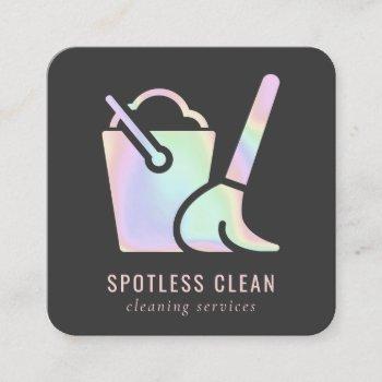 holographic bucket broom cleaner cleaning service  square business card