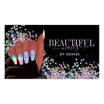 Small Holographic Nails Salon Afroamerican Hand  Business Card Front View