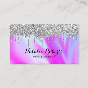 holographic silver drips beauty salon pink blue business card