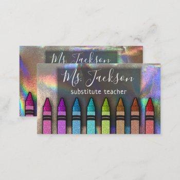 holographic teacher name rainbow hologram crayons business card