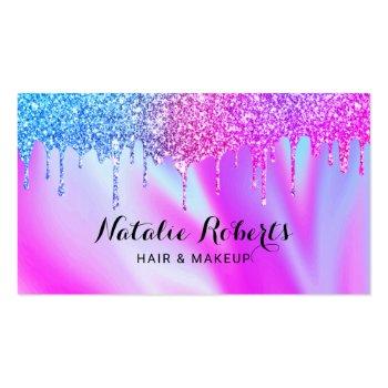 Small Holographic Unicorn Drips Beauty Salon Pink Blue Business Card Front View