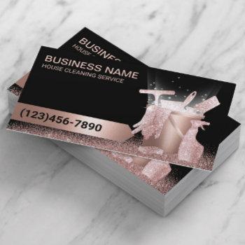 home cleaning service black & rose gold glitter  business card
