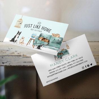 home pet sitting watercolor cozy home green couch business card
