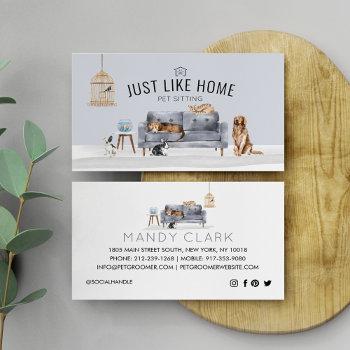 home pet sitting watercolor cozy home grey couch business card