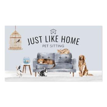 Small Home Pet Sitting Watercolor Cozy Home Grey Couch Business Card Front View