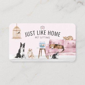 home pet sitting watercolor cozy home pink couch business card