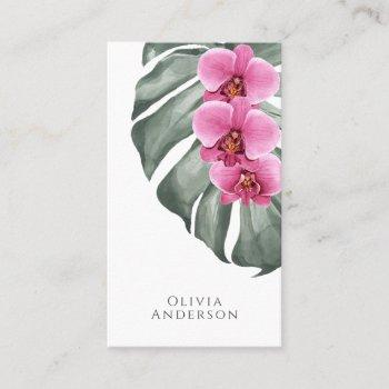 hot pink orchids on monstera tropical botanical business card