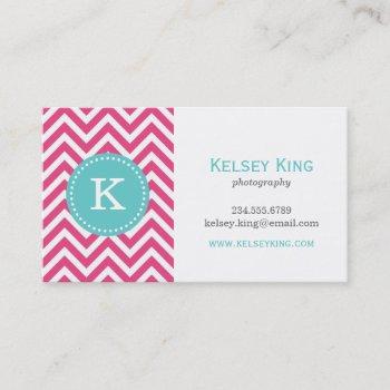 hot pink & turquoise chevron custom monogram business card