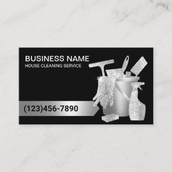 house cleaning housekeeping modern black & silver business card