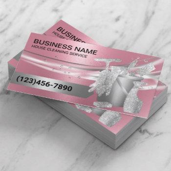 house cleaning housekeeping service modern pink business card