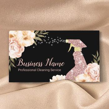 house cleaning maid service modern floral black business card