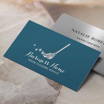 house cleaning maid service modern teal & silver business card