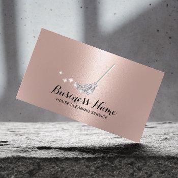 house cleaning maid service silver mop rose gold business card