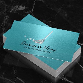 house cleaning maid service silver mop turquoise business card