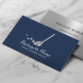 house cleaning modern navy & silver maid service business card