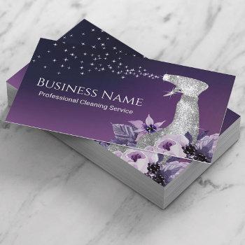 house cleaning modern silver spray purple floral  business card