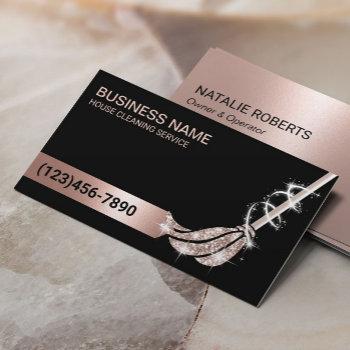 house cleaning rose gold glitter mop maid service business card