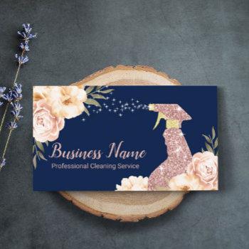 house cleaning rose gold spray modern floral navy  business card