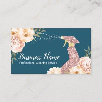 house cleaning rose gold spray modern floral teal business card