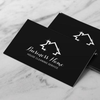 Small House Cleaning Service Minimal House Logo Black Business Card Front View