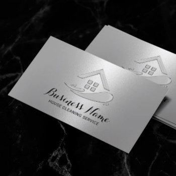 house cleaning service modern silver metallic business card