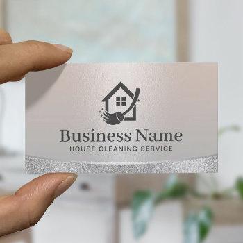 Small House Logo Home Cleaning & Maid Service Silver Business Card Front View