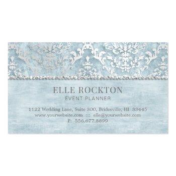 Small Ice Powder Blue Glimmer Damask Silver Business Card Back View