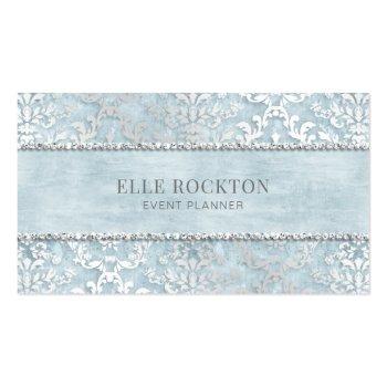 Small Ice Powder Blue Glimmer Damask Silver Business Card Front View